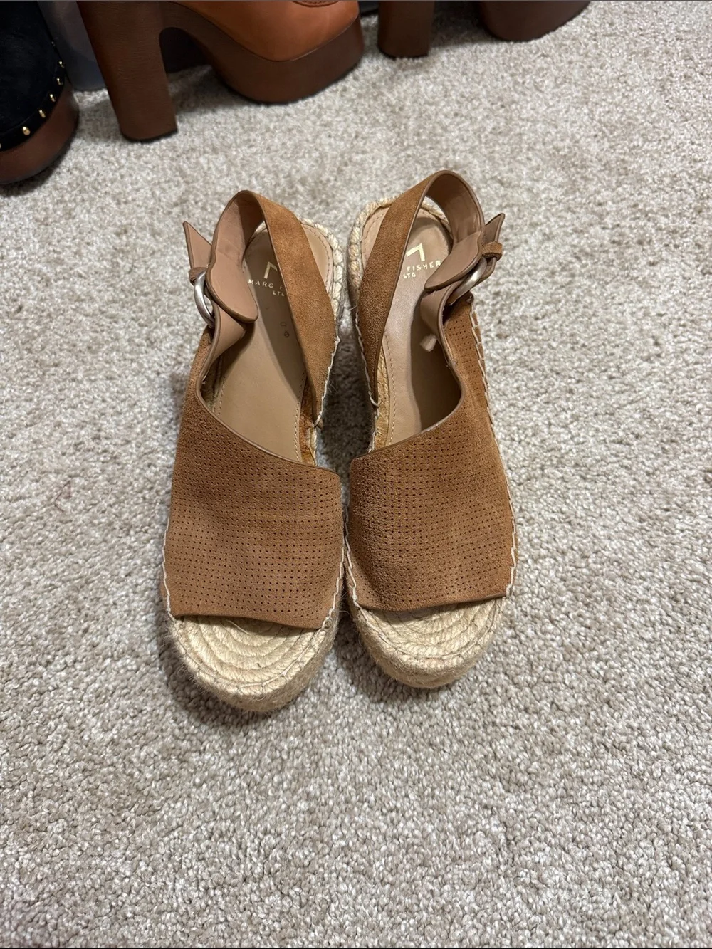 Marc Fisher Tan Suede Espadrille Wedge Sandals